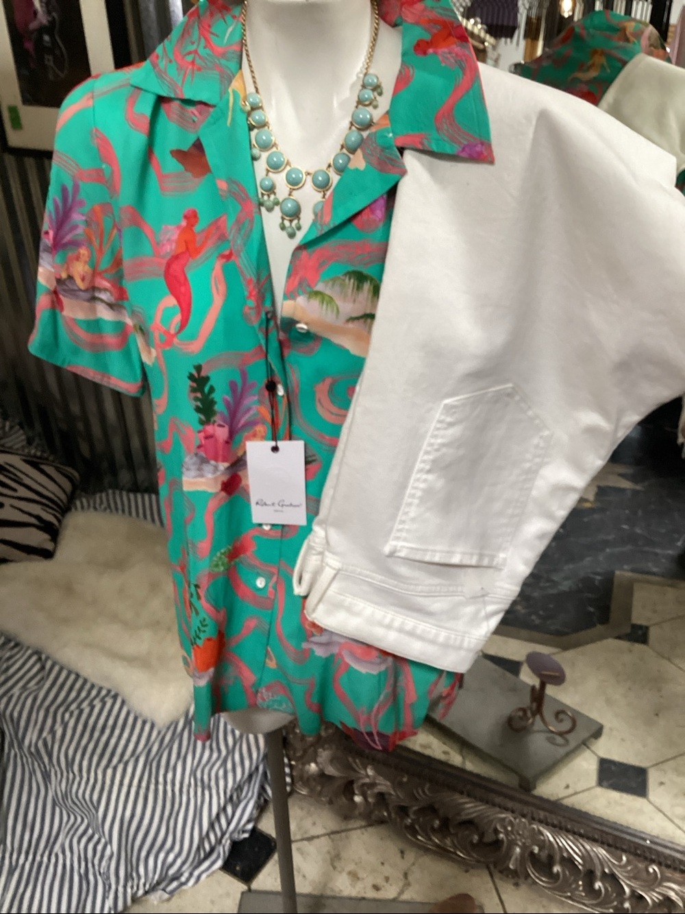 Robert graham Print Button-Up Shirt - silk Ss camp shirt Teal & Coral